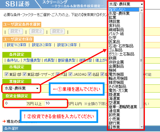 業種と投資金額を設定します